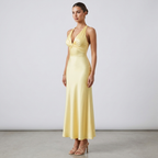 Women’s yellow sleeveless V-neck maxi dress with twisted bodice