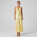 Women’s yellow twist-front sleeveless maxi dress, V-neck and draped waist