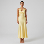 Women’s yellow twist-front sleeveless maxi dress, V-neck and draped waist