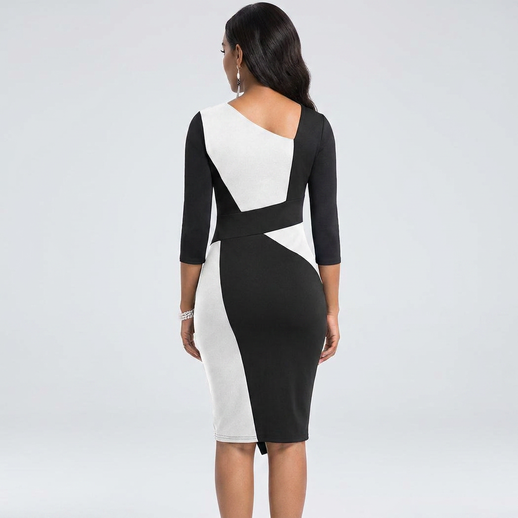 Women’s midi dress, angled back neckline with black-and-white sculpted panel, 3/4 sleeves.