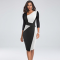Women’s midi dress with angled neckline, black-and-white sculpted panel, 3/4 sleeves.