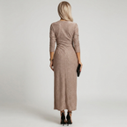 Beige long-sleeve midi dress back view with V-neck, draped waist and front slit