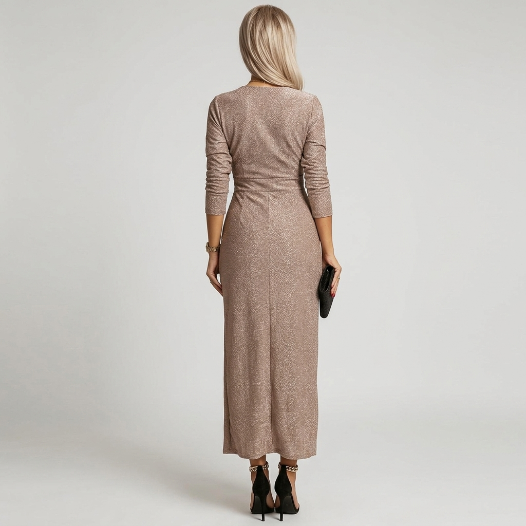 Beige long-sleeve midi dress back view with V-neck, draped waist and front slit