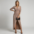 Beige long-sleeve midi dress with V-neck and draped waist, flowing front slit