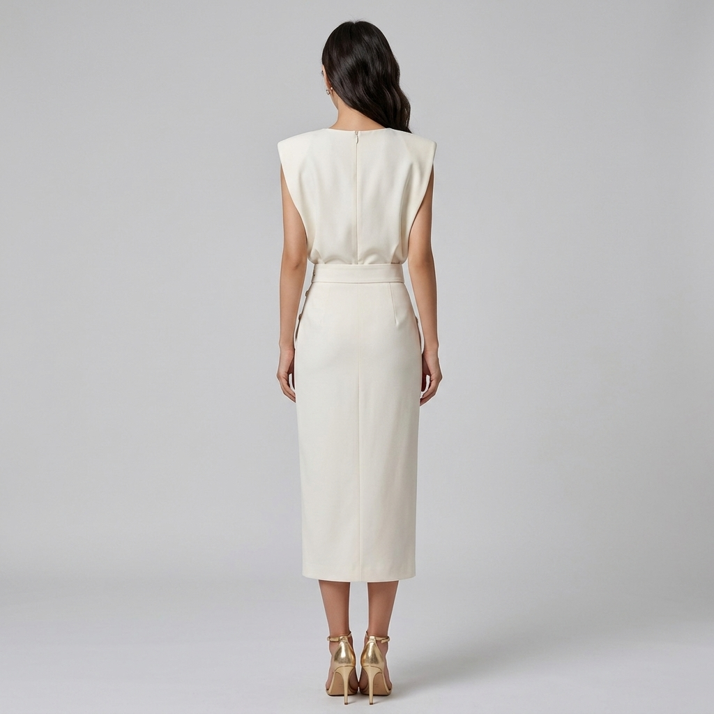Cream structured sleeveless midi dress, back view with fitted waist seam