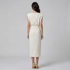 Cream structured sleeveless midi dress, back view with fitted waist seam