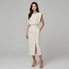 Cream structured midi dress with gold waist buttons and front slit, side view