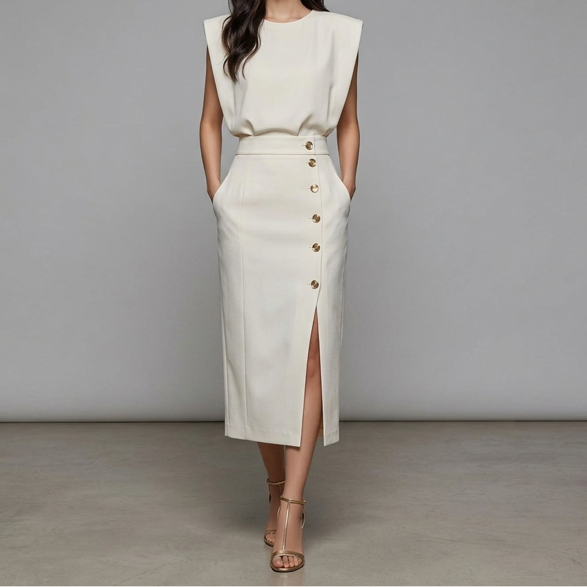 Cream sleeveless midi dress with gold buttons at waist and front slit