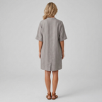 Grey shirt dress back view with button placket and relaxed midi length