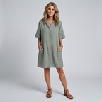 Sage grey shirt dress with button front, relaxed midi fit, and side pockets