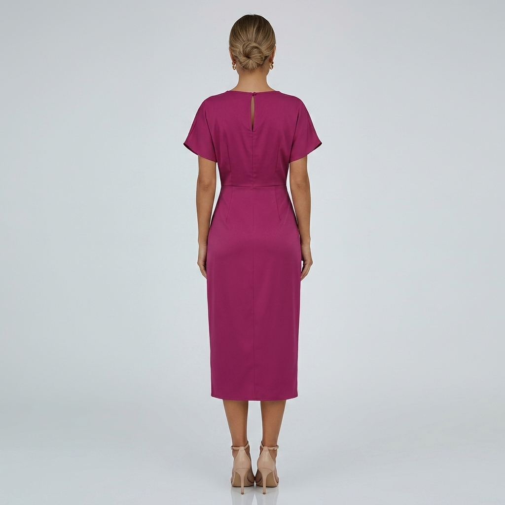 Hot pink wrap midi dress, back view, draped waist detail and mid-calf length