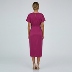 Hot pink wrap midi dress, back view, draped waist detail and mid-calf length