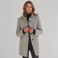 Women's mid-length wool blend coat with stand collar, button front, patch pockets, light gray