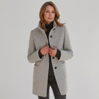 Women's mid-length wool blend coat with stand collar, button front, patch pockets, light gray