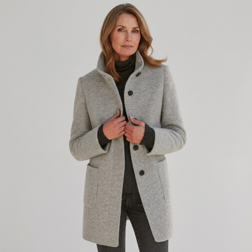Women's mid-length wool blend coat with stand collar, button front, patch pockets, light gray