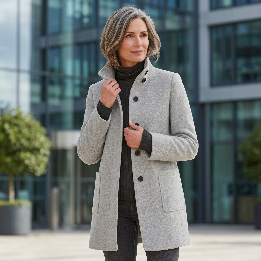 Women's mid-length wool blend coat, stand collar, patch pockets, button front, light gray