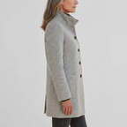 Women's mid-length wool blend coat with stand collar, button front, patch pockets, light gray side