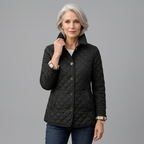 Black quilted jacket with button front and diamond stitching, lightweight padded coat