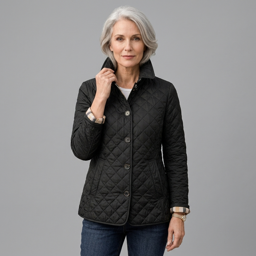 Black quilted jacket with button front and diamond stitching, lightweight padded coat
