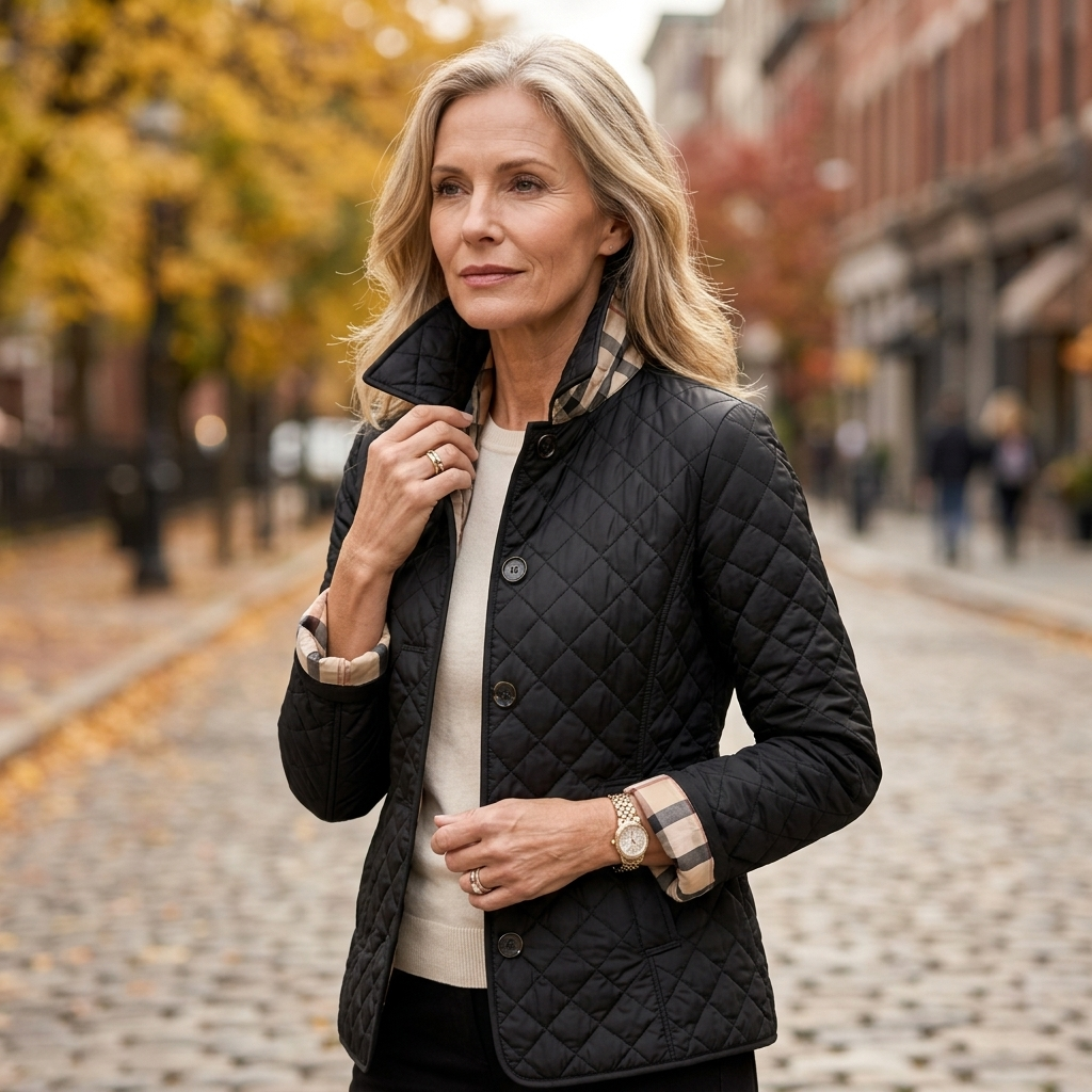 Women's black quilted jacket with button-front and diamond padding, stand collar