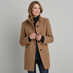 Women’s stand-collar winter coat in brown fleece, button front and pockets