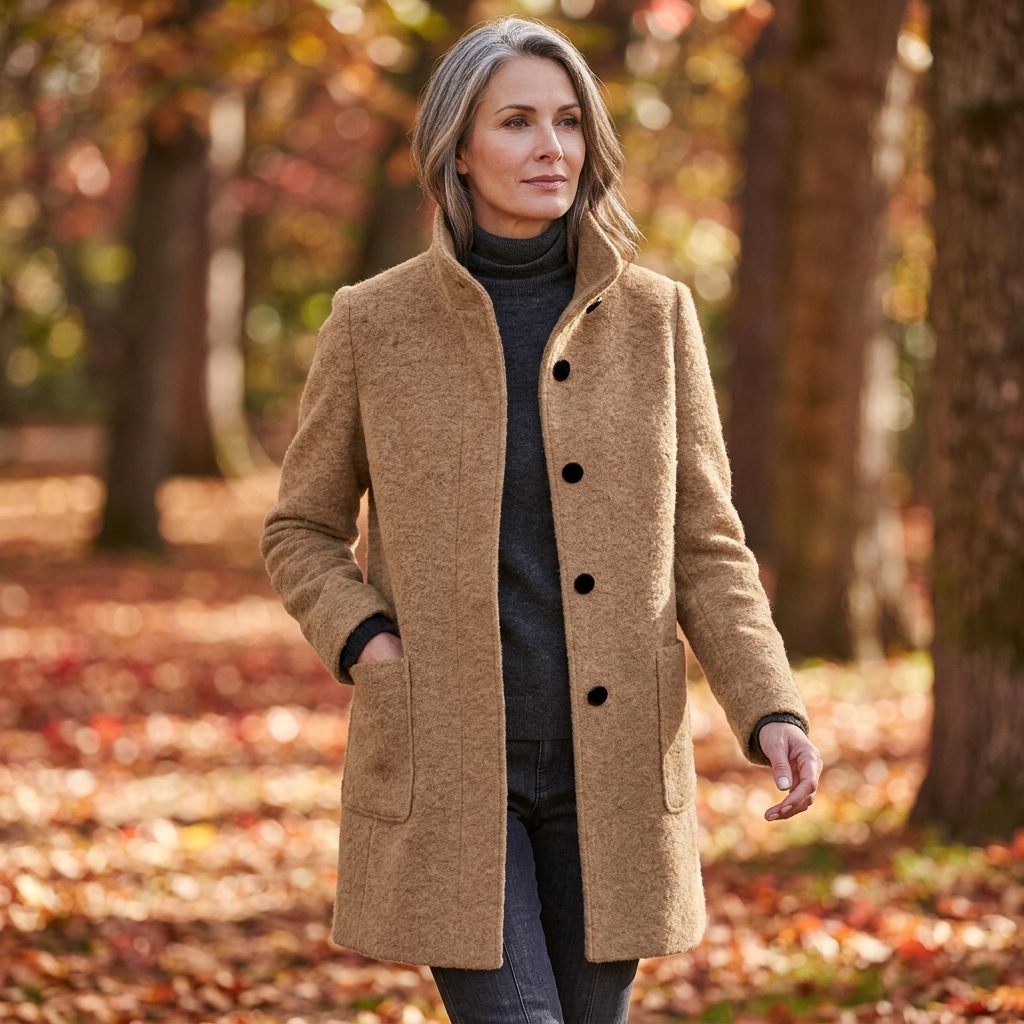 Women’s stand-collar winter coat in tan fleece, button front and side pockets