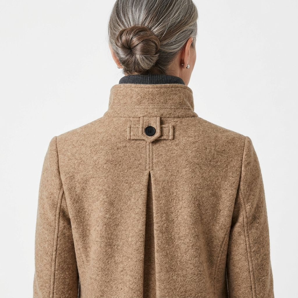 Back view of women’s stand-collar winter coat in tan fleece with buttoned collar