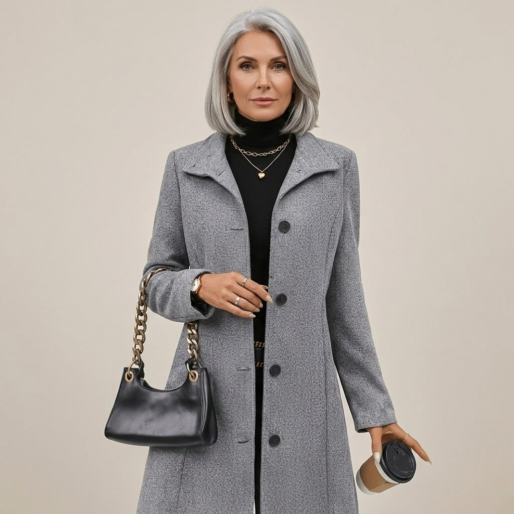 Grey longline wool coat, single-breasted with notch collar and front button closure