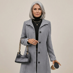 Grey longline wool coat, single-breasted with notch collar and front button closure