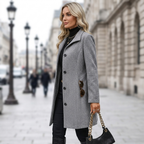 Grey longline wool coat with notch collar, front button placket, long sleeves