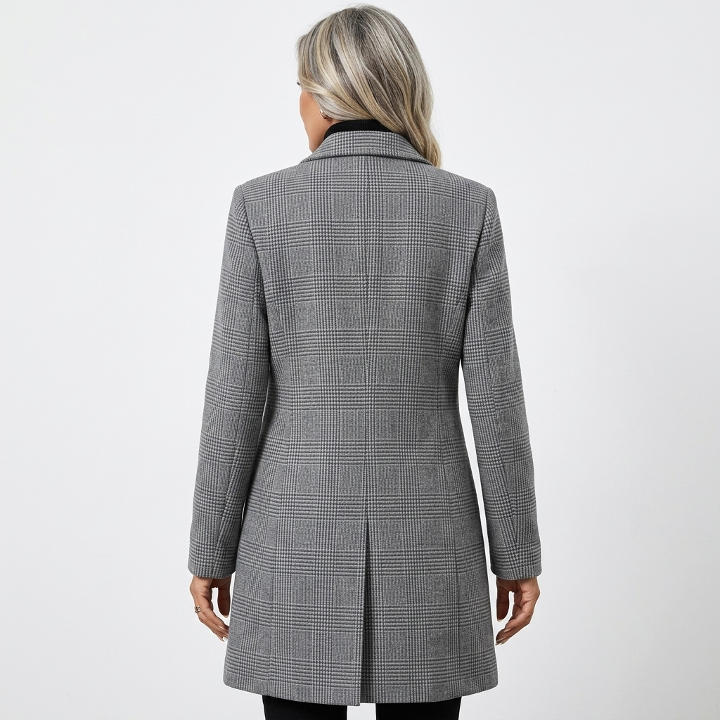 Grey plaid longline wool coat, single-breasted notch collar, back vent