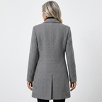 Grey plaid longline wool coat, single-breasted notch collar, back vent