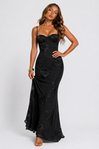Black floral jacquard corset maxi dress with spaghetti straps, fitted silhouette