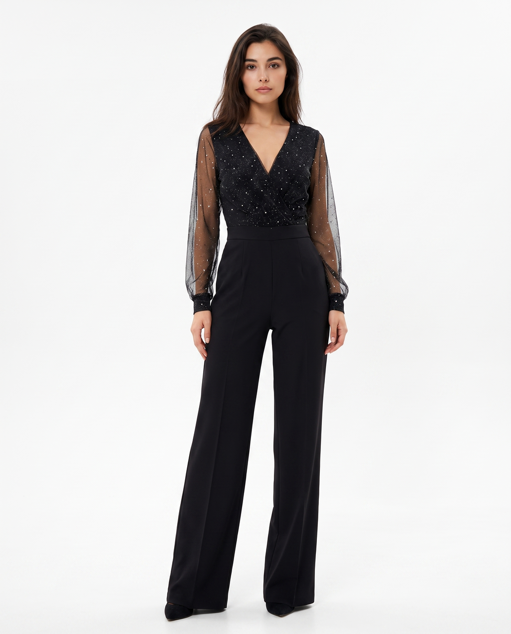 Black V-neck long-sleeve jumpsuit with sheer sleeves and flowing wide-leg legs
