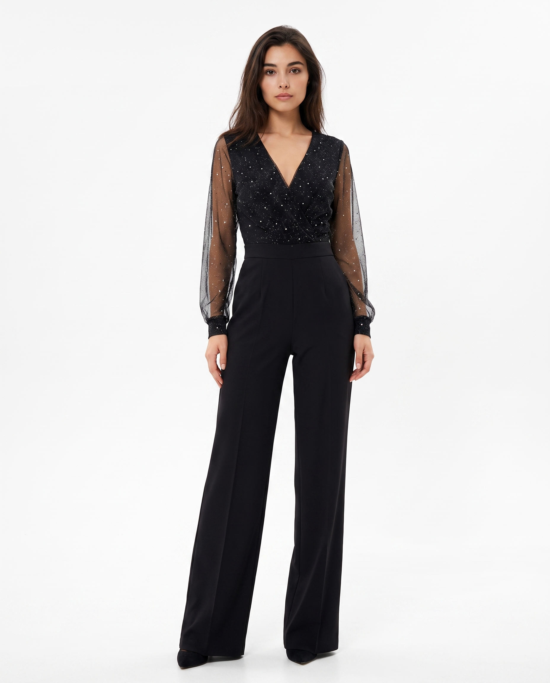 Black V-neck long-sleeve jumpsuit with sheer sleeves and flowing wide-leg legs