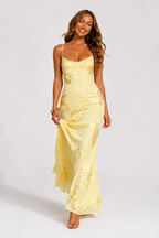 Yellow floral jacquard maxi dress with corset bodice, thin straps