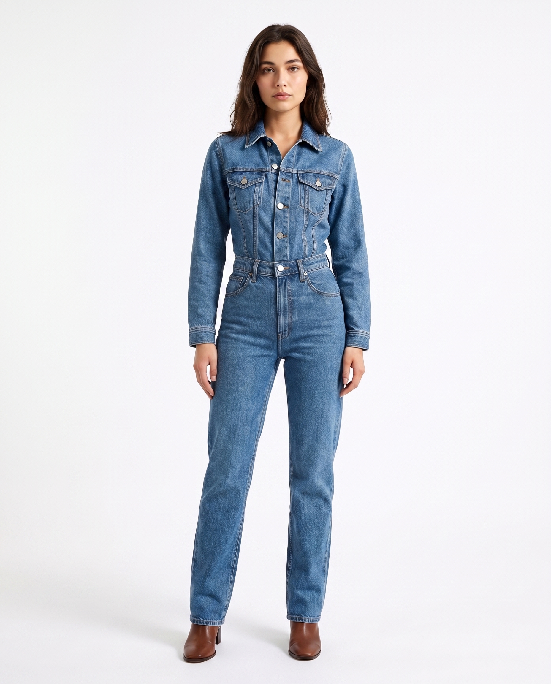 Women's blue denim jumpsuit with button-front, collar, long sleeves, straight legs