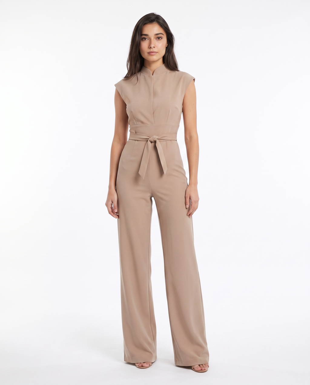 Beige sleeveless wide-leg jumpsuit, zip-front and tie-waist belt, full length