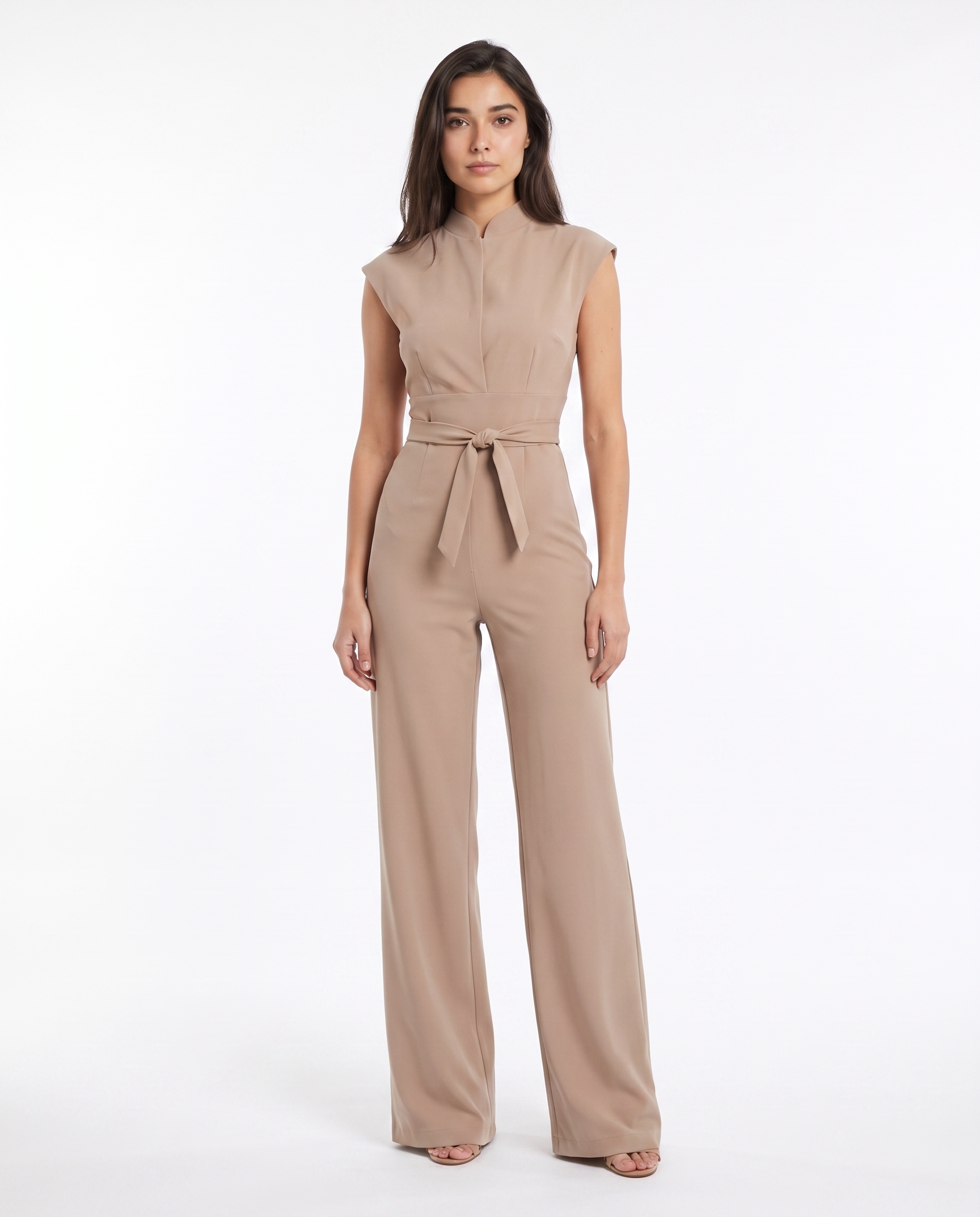 Beige sleeveless wide-leg jumpsuit, zip-front and tie-waist belt, full length