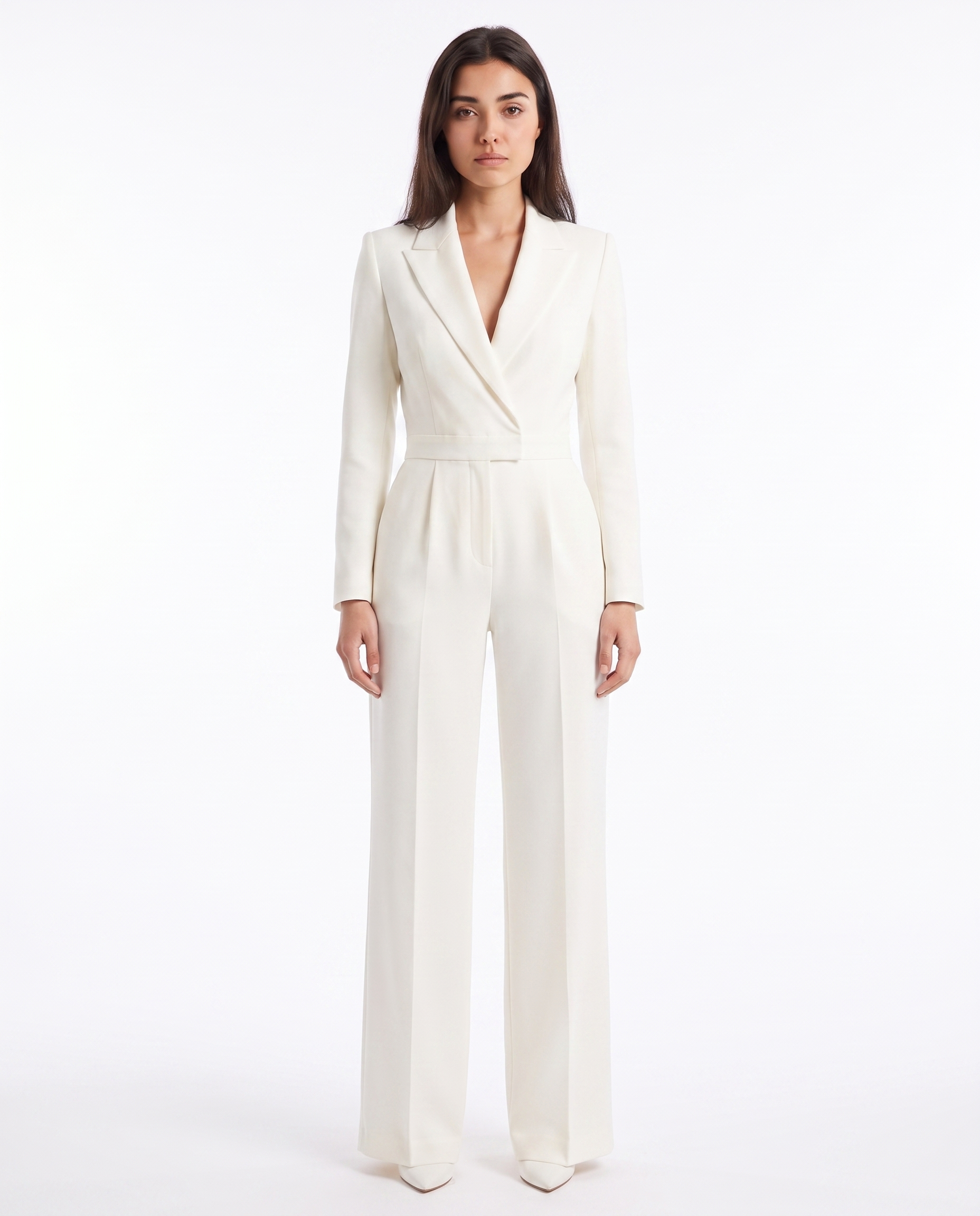 White V-neck blazer jumpsuit with long sleeves and wide-leg trousers