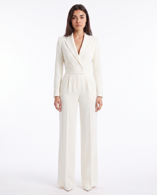 White V-neck blazer jumpsuit with long sleeves and wide-leg trousers