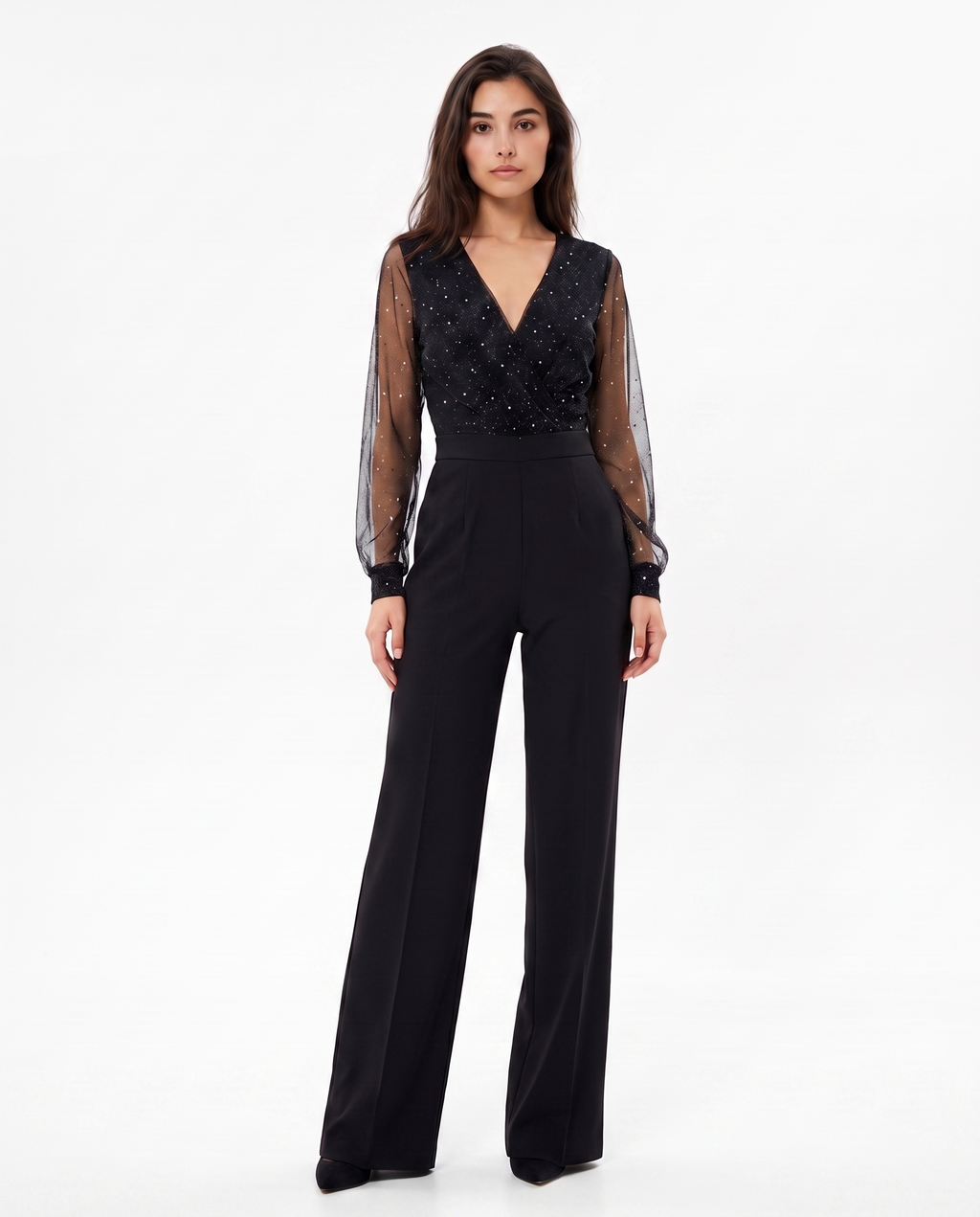 Black V-neck jumpsuit with sheer dotted sleeves and wide-leg pants