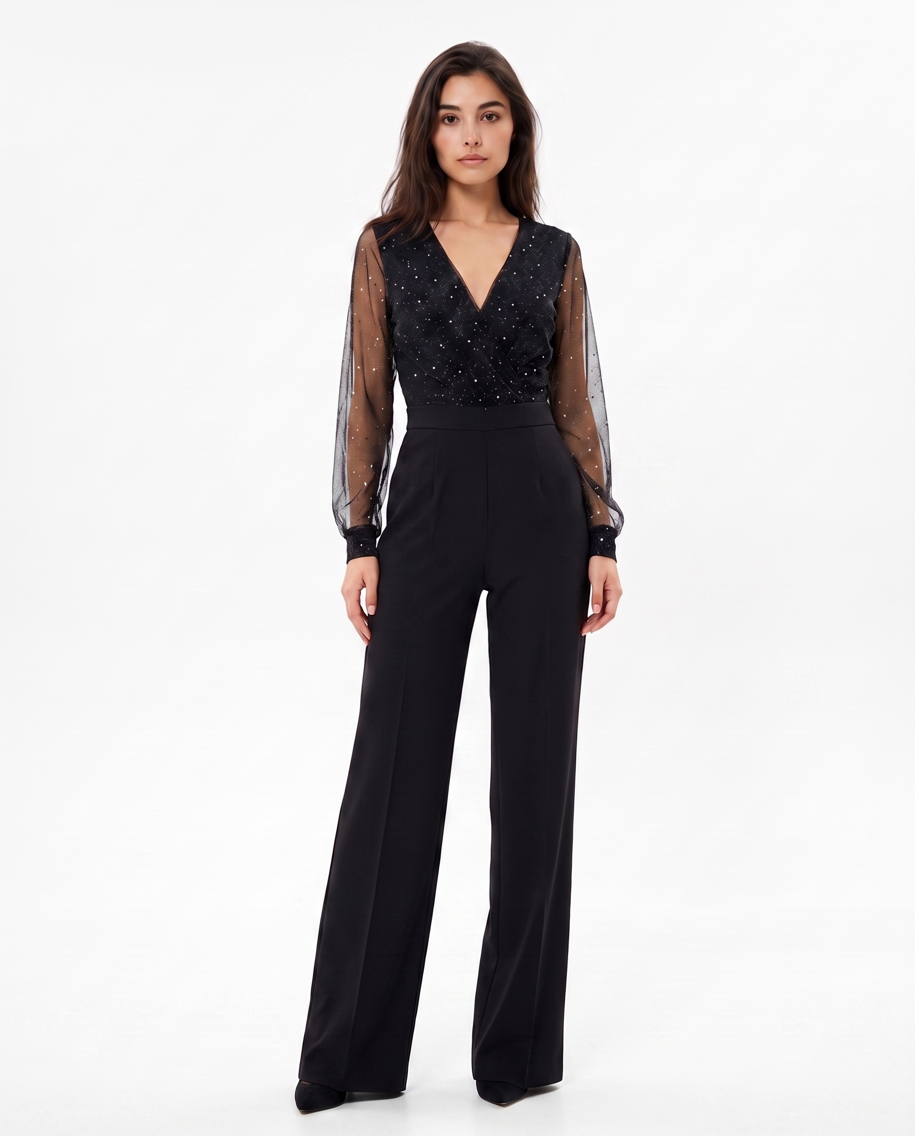 Black V-neck jumpsuit with sheer dotted sleeves and wide-leg pants