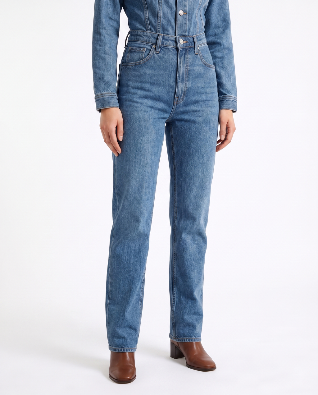 Women's blue denim jumpsuit with belted waist and straight ankle-length legs