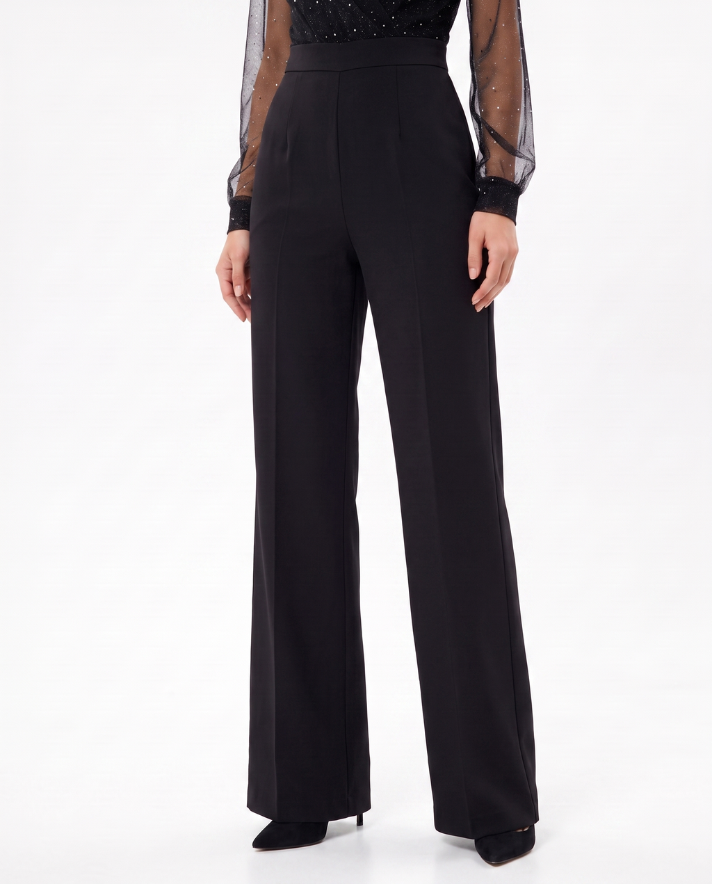 Black wide-leg jumpsuit pants with tailored front and full-length trousers