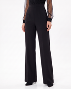 Black wide-leg jumpsuit pants with tailored front and full-length trousers