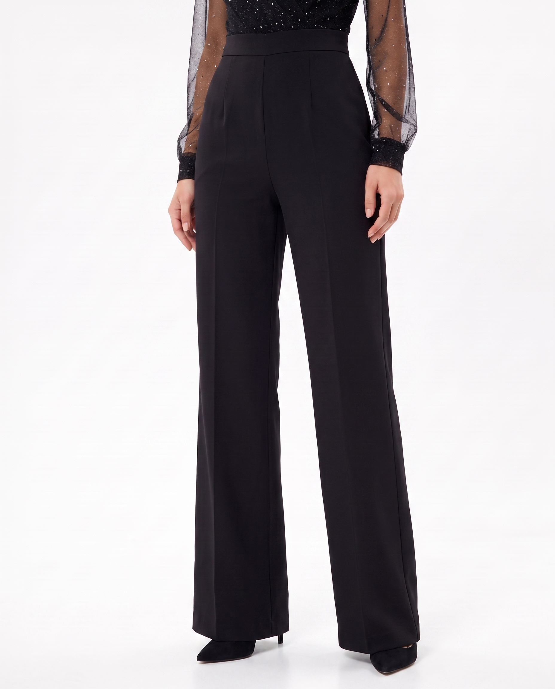 Black wide-leg jumpsuit pants with tailored front and full-length trousers