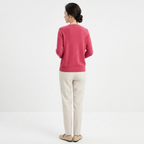 Women’s knit cardigan, burgundy red back view with long sleeves and button detail