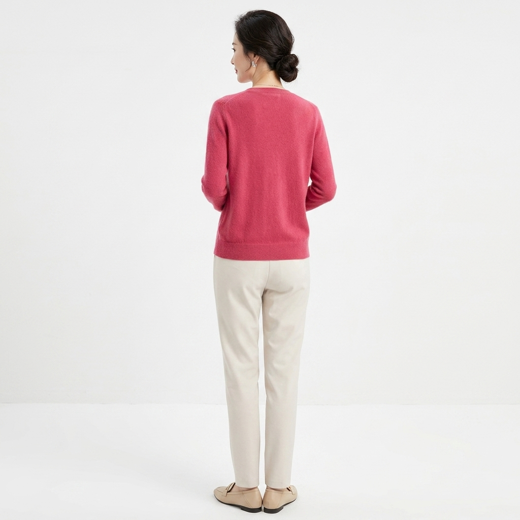 Women’s knit cardigan, burgundy red back view with long sleeves and button detail
