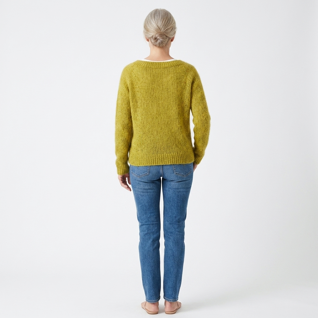 Yellow women’s merino wool crewneck sweater, relaxed fit, back view long sleeves
